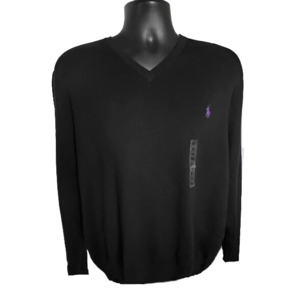 NEW Polo Ralph Lauren Pima Cotton Sweater! Black With Purple Polo Player  V Neck - Picture 2 of 4